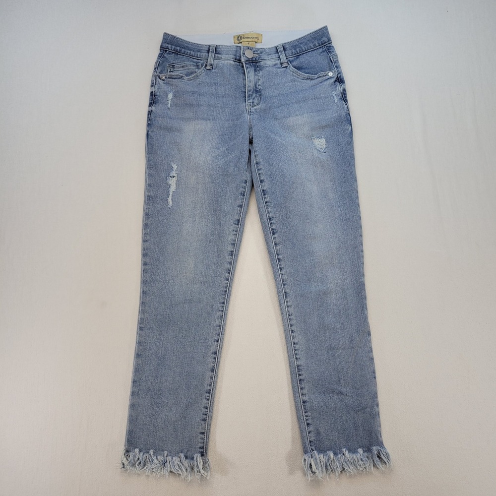 Democracy Jeans Women 4 Blue Straight Ab Technology Frayed Hem Denim
